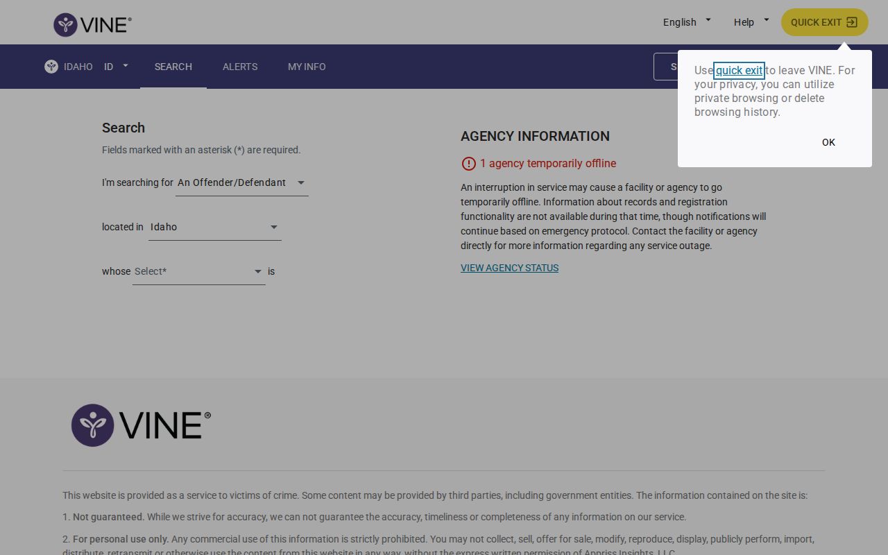 VINELink Idaho person search interface for a name or identification lookup