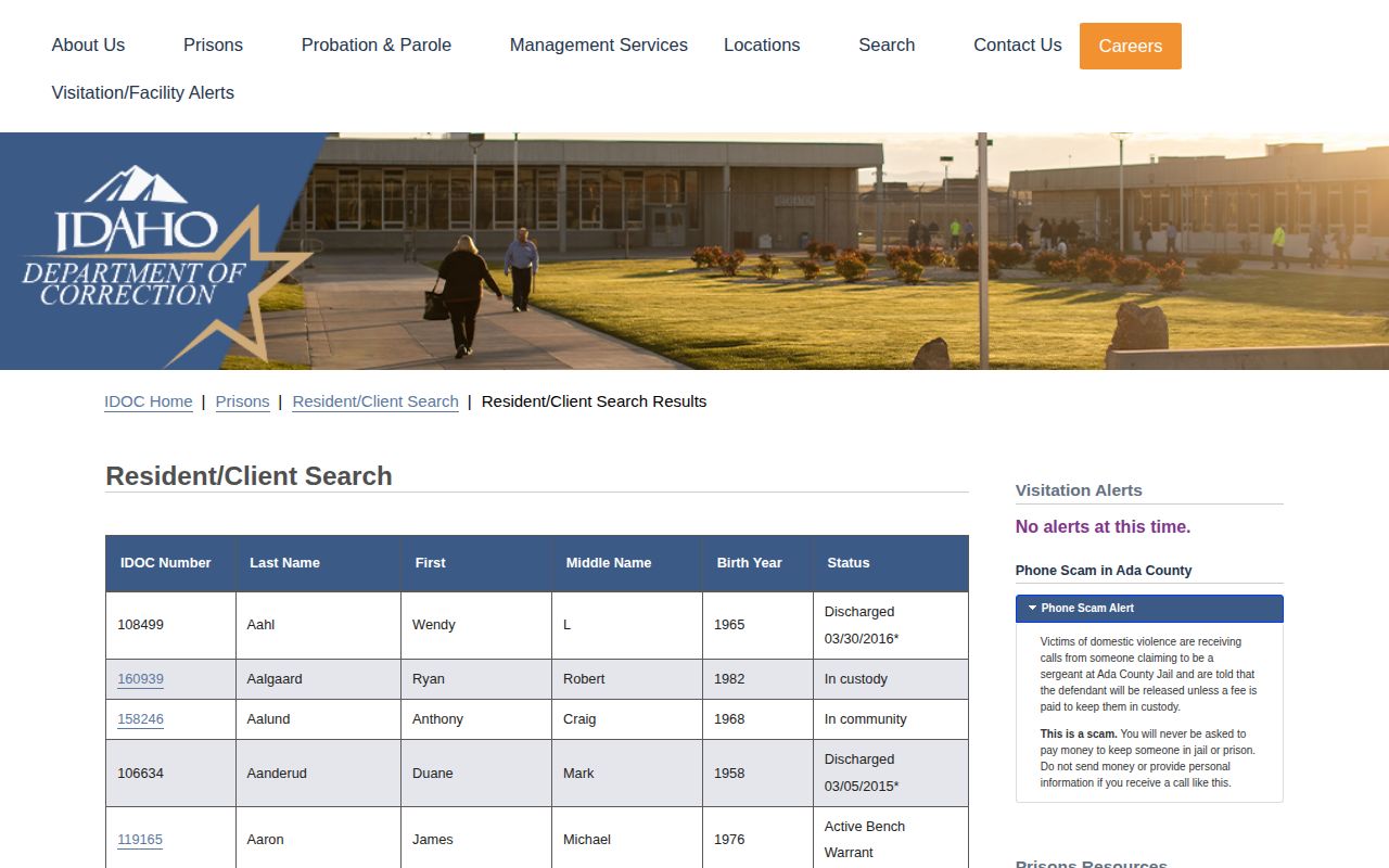 Idaho Department of Correction resident and client search results interface