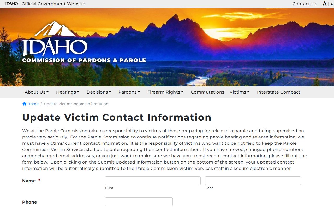 Idaho Department of Correction victim contact notice describing its VINE service status