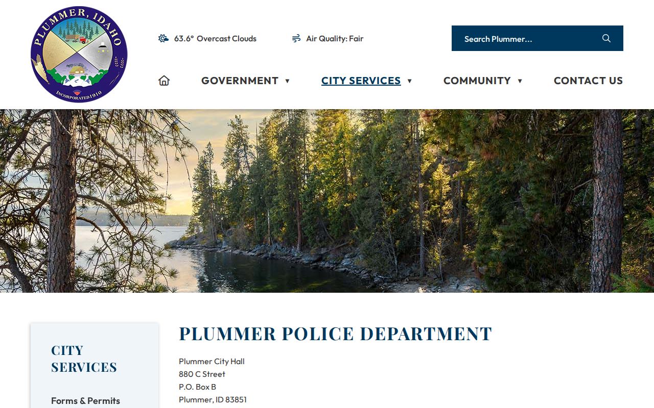 Official Plummer Police Department webpage with city contact information